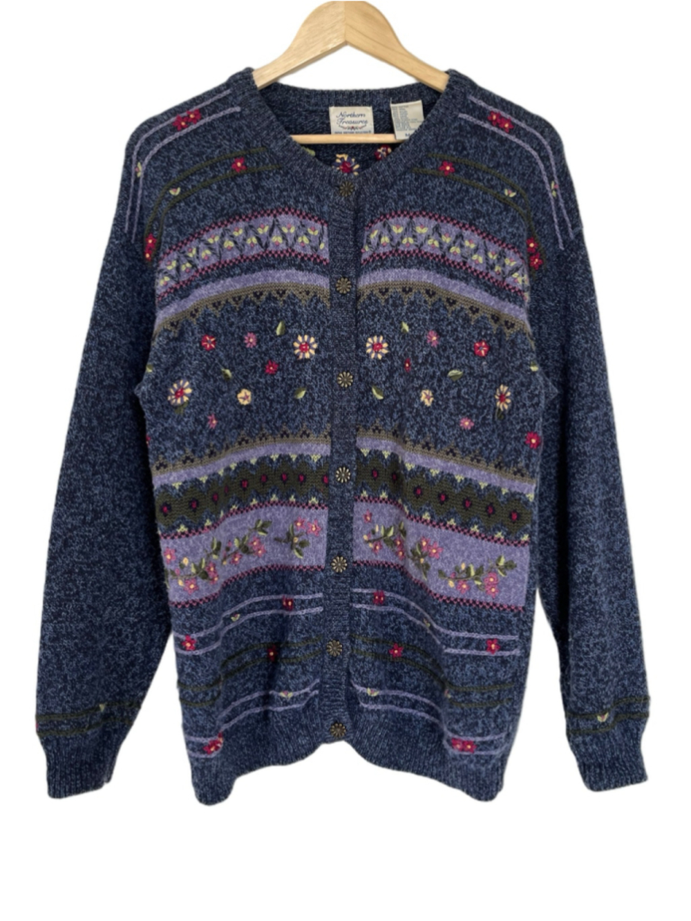 Vintage Embroidered Northern Treasures Floral Cardigan Sweater Blue Purple